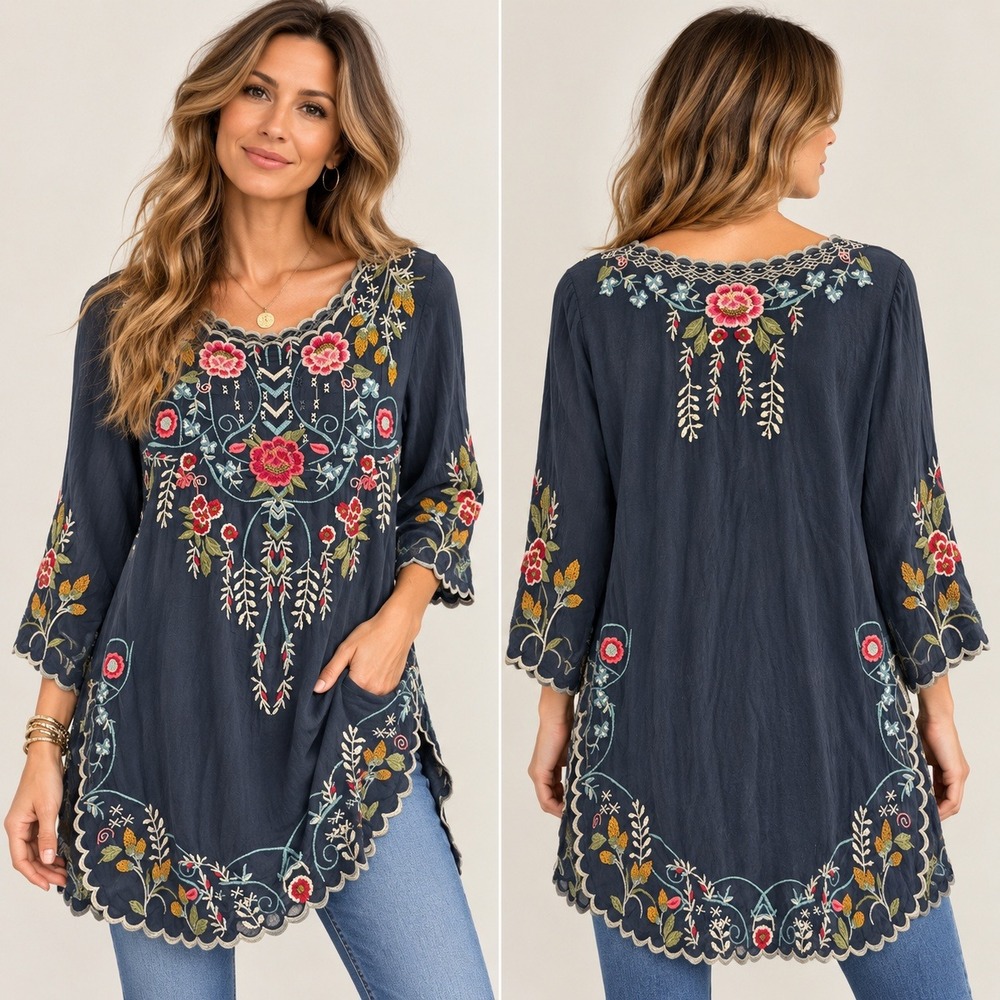 Johnny Was Tunic Top Floral Embroidered Cupra Rayon Boho Gray Blue Size S